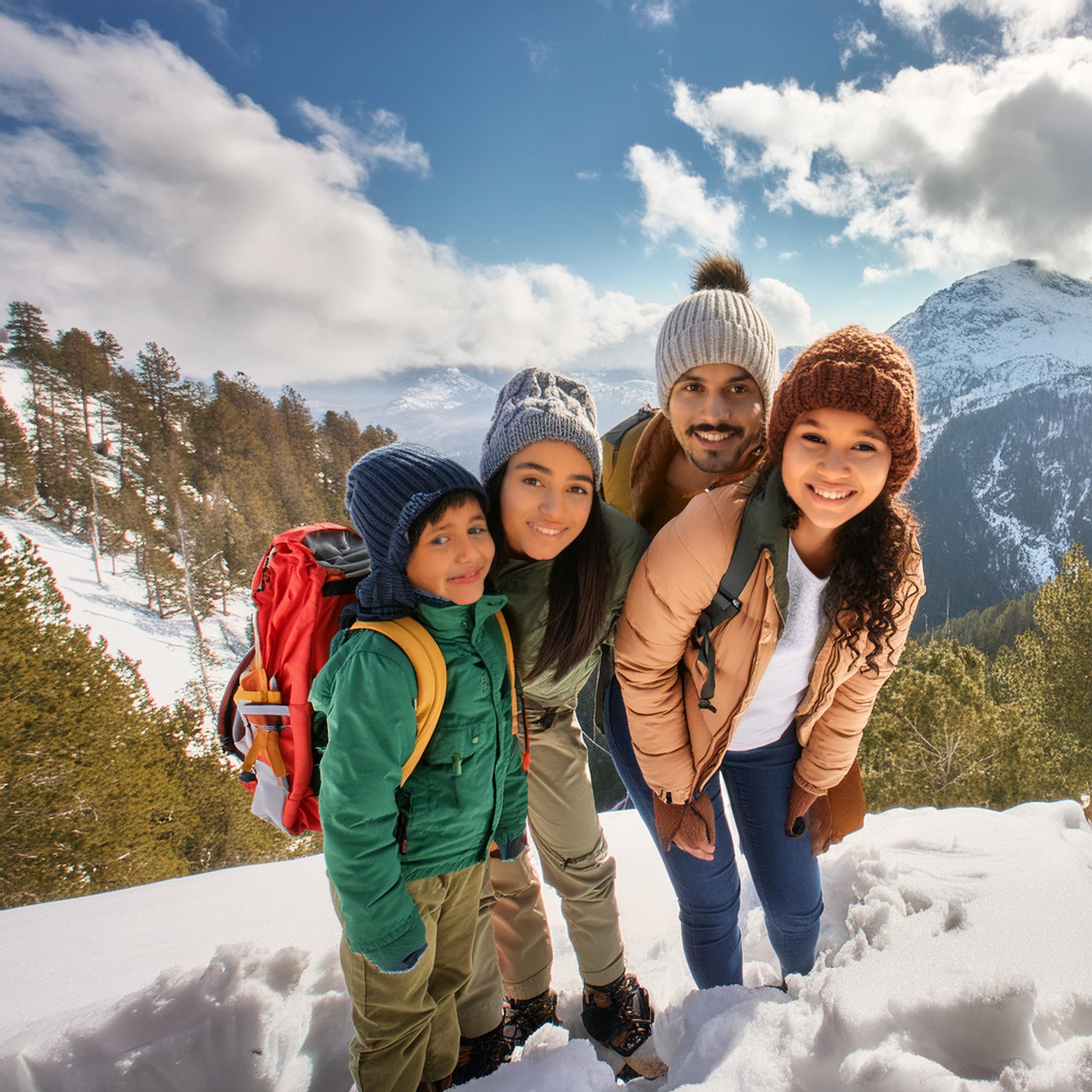 Firefly families traveling with backpacks on the snow and high mountain 19835