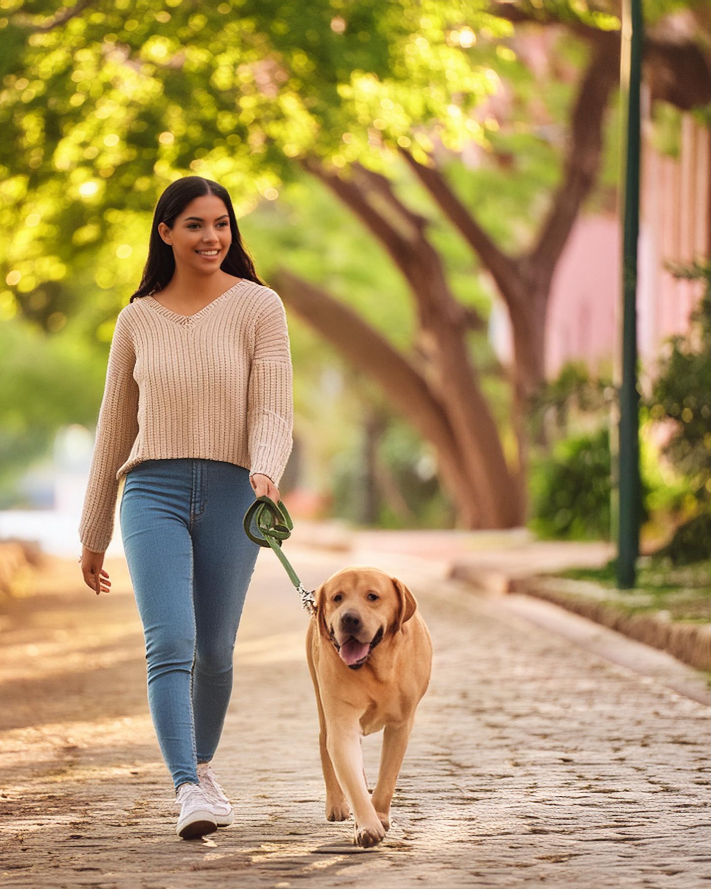 Firefly perro LABRADOR con correa paseando con mujer de 20 anos 20531 ABRIL18